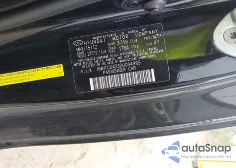 2013 Hyundai Veloster Base W/Black из США, поврежденный, VIN KMHTC6AD3DU084995